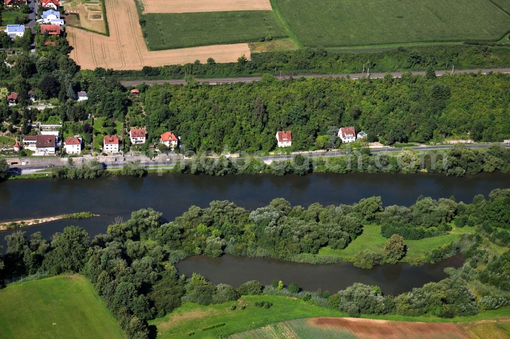 Aerial image Kitzingen - View from east along the Main river near by Kitzingen in the state Bavaria