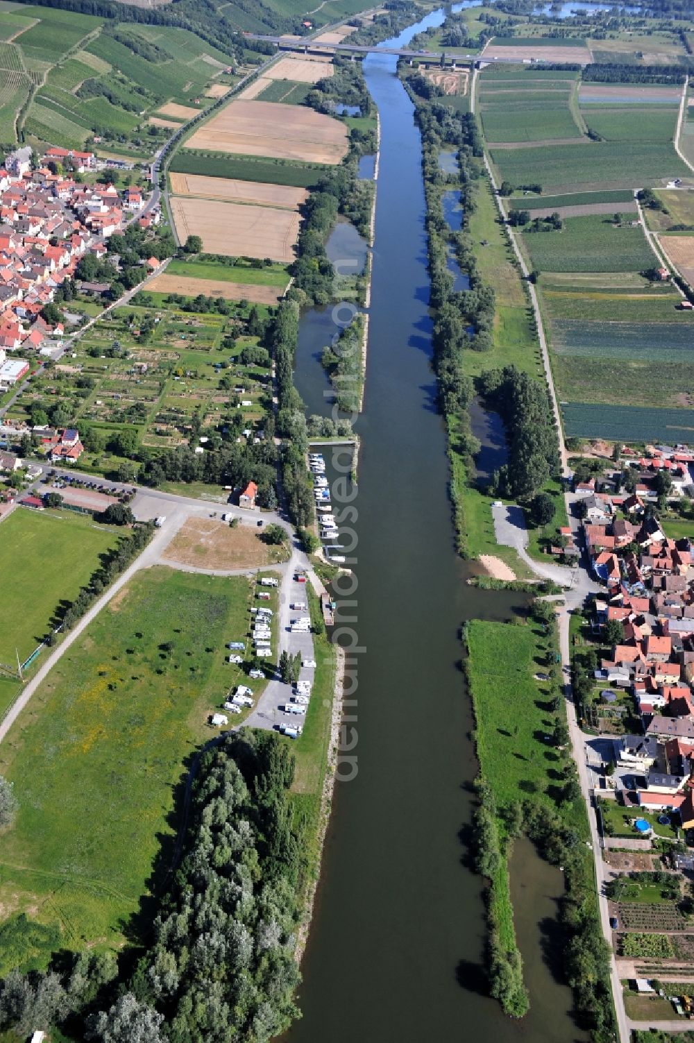 Mainstockheim from above - View from south along the Main river near by Mainstockheim on the right riverside and Albertshofen on the left riverside in the state Bavaria