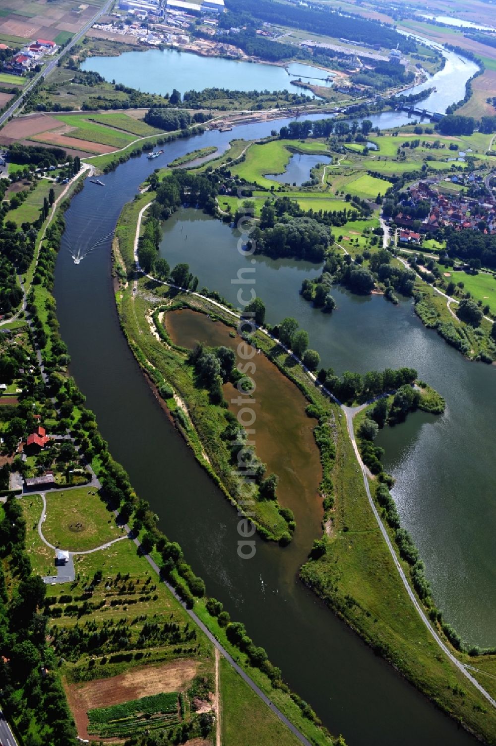 Dettelbach from above - View from west along the Main river with the lock Dettelbach and the district Mainsondheim at the left riverside in the state Bavaria