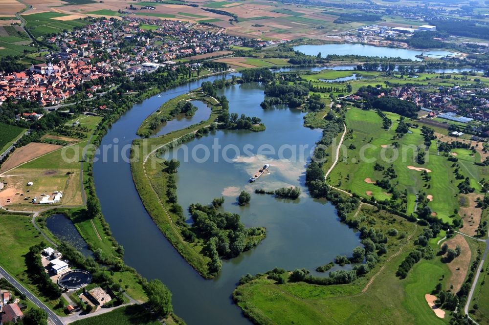 Aerial photograph Dettelbach - View from west along the Main river with the district Mainsondheim of Dettelbach at the left riverside in the state Bavaria