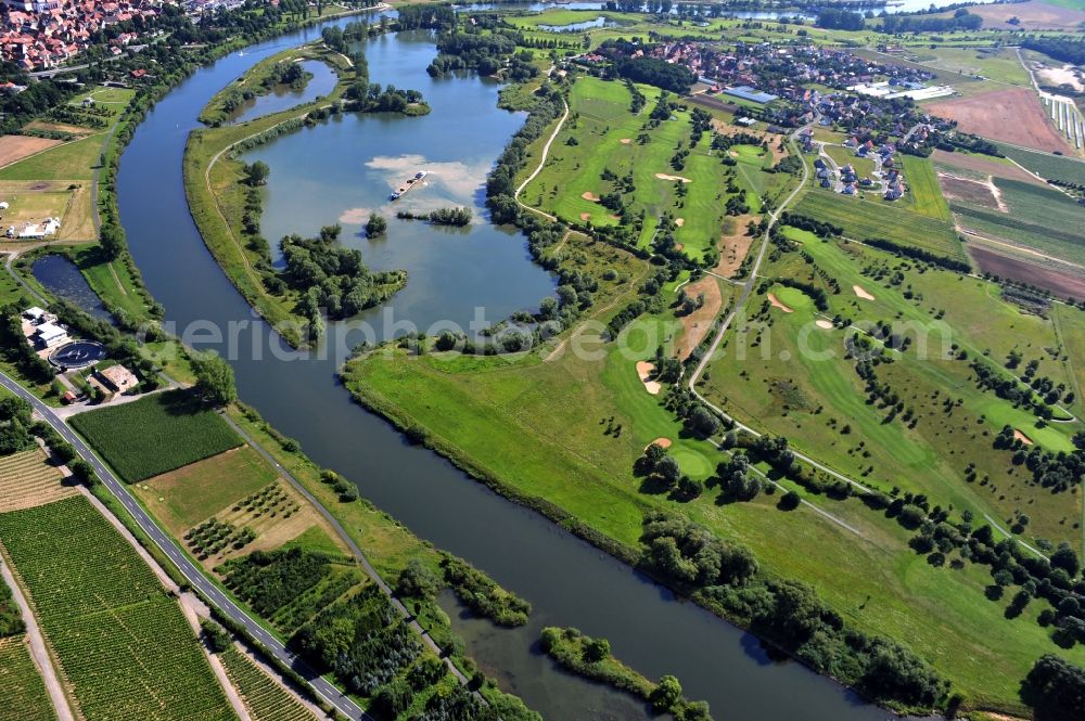 Dettelbach from above - View from west along the Main river with the district Mainsondheim of Dettelbach at the left riverside in the state Bavaria