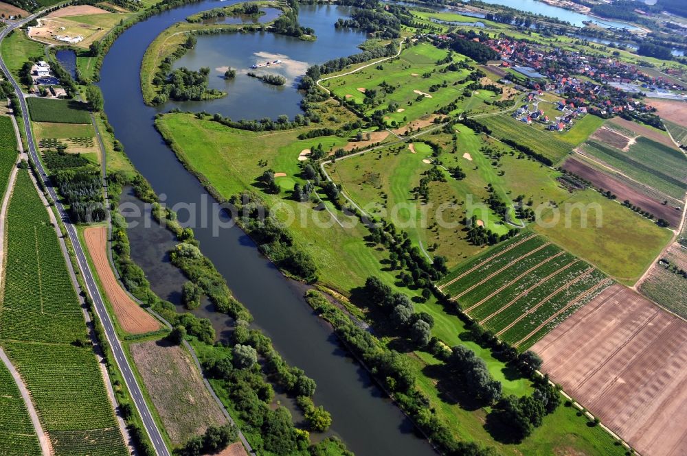 Aerial image Dettelbach - View from west along the Main river with the district Mainsondheim of Dettelbach at the left riverside in the state Bavaria