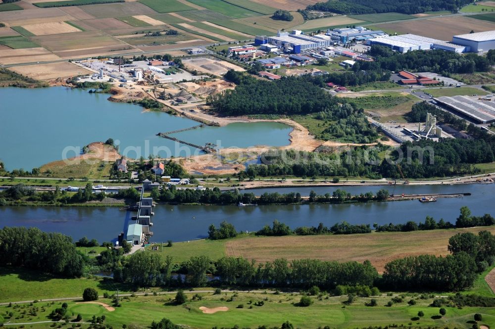 Aerial image Dettelbach - View from south along the Main river with the lock Dettelbach in the state Bavaria