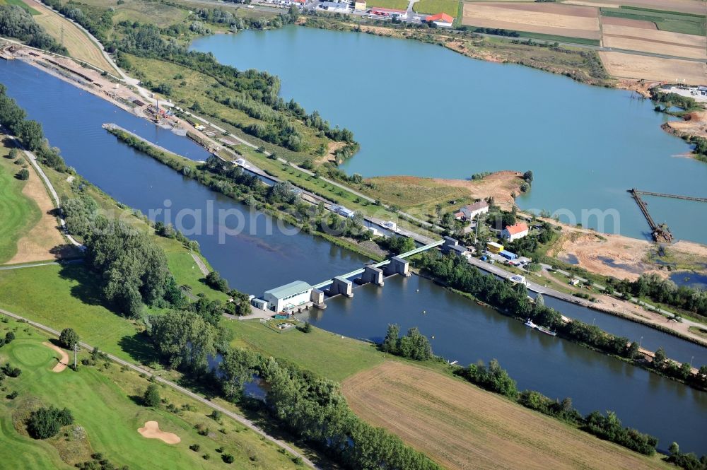 Dettelbach from above - View from south along the Main river with the lock Dettelbach in the state Bavaria