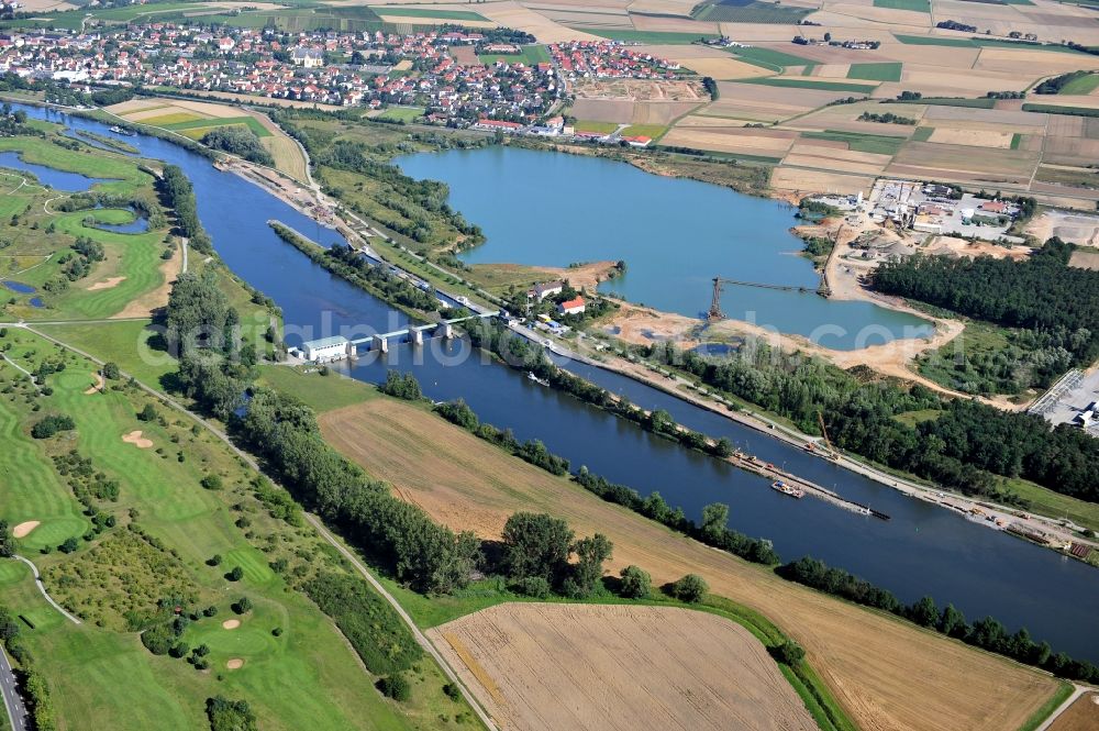 Dettelbach from the bird's eye view: View from south along the Main river with the lock Dettelbach in the state Bavaria