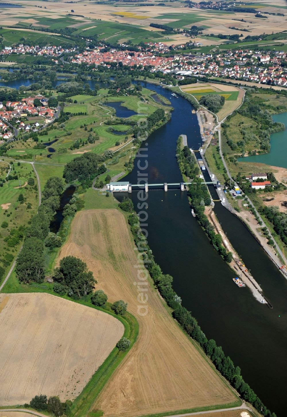 Aerial image Dettelbach - View from south along the Main river with the lock Dettelbach in the state Bavaria