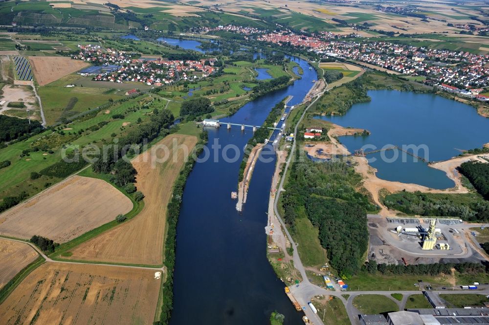 Dettelbach from above - View from east along the Main river with the lock Dettelbach in the state Bavaria