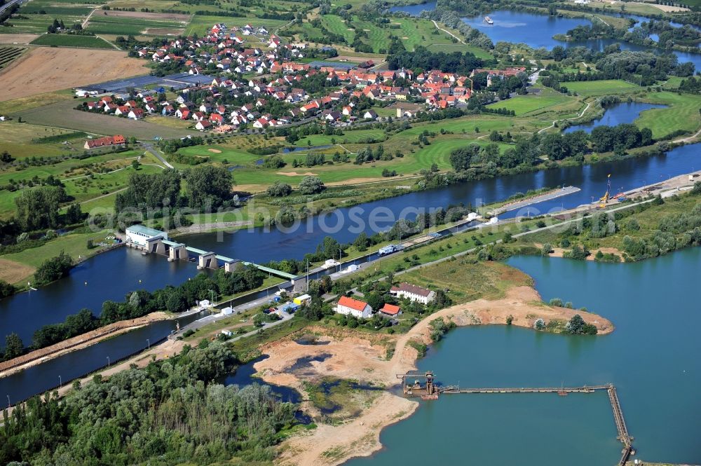 Dettelbach from above - View from east along the Main river with the lock Dettelbach and the district Mainsondheim at the left riverside in the state Bavaria