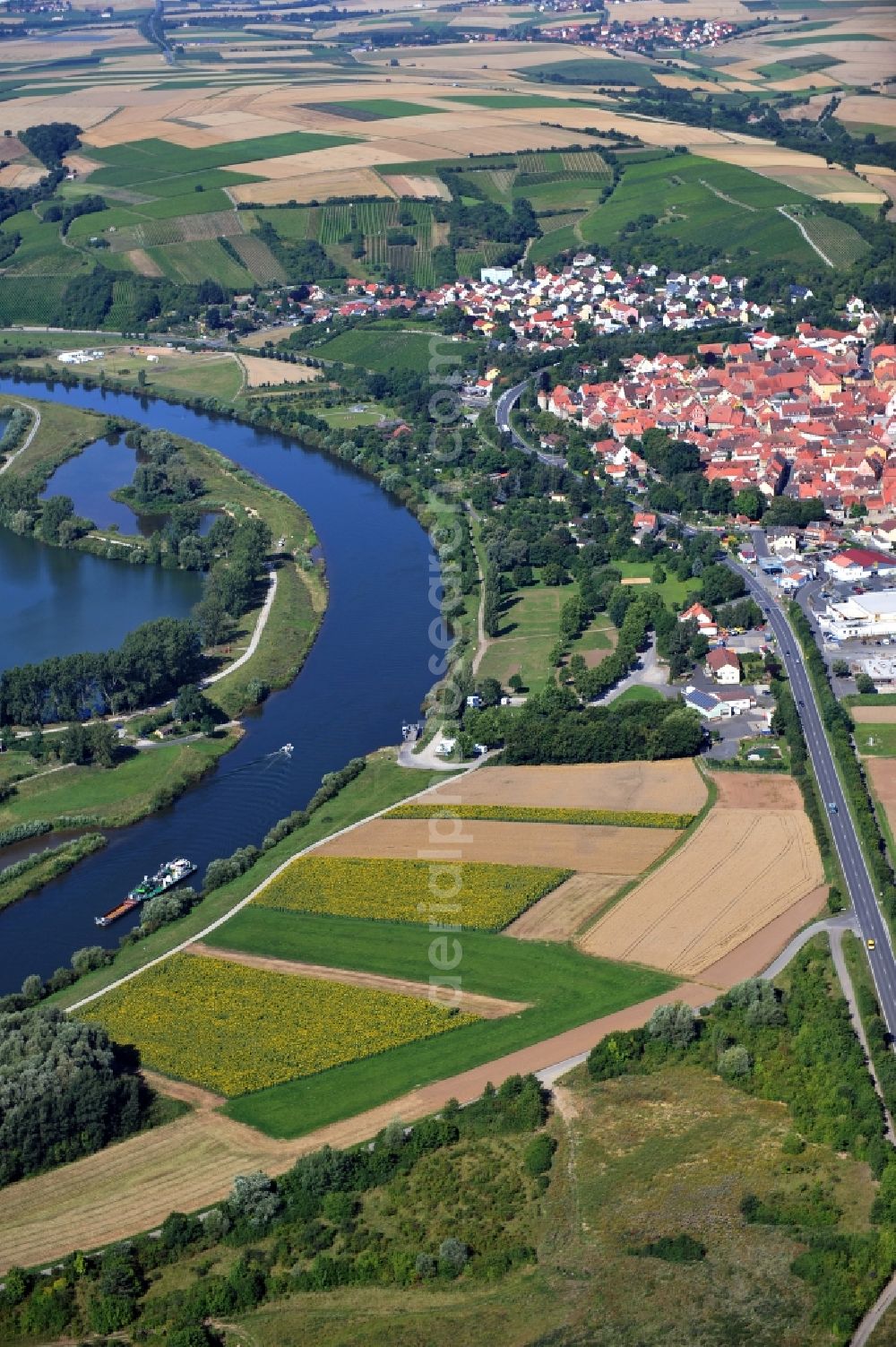 Dettelbach from above - View from east along the Main river in Dettelbach in the state Bavaria