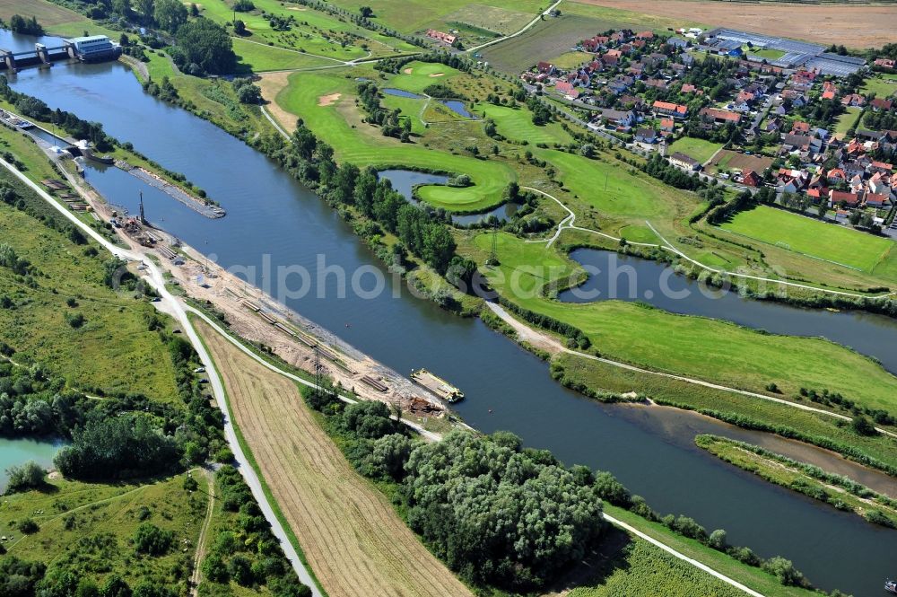 Dettelbach from above - View from north along the Main river in Dettelbach and the district Mainsondheim at the left riverside in the state Bavaria