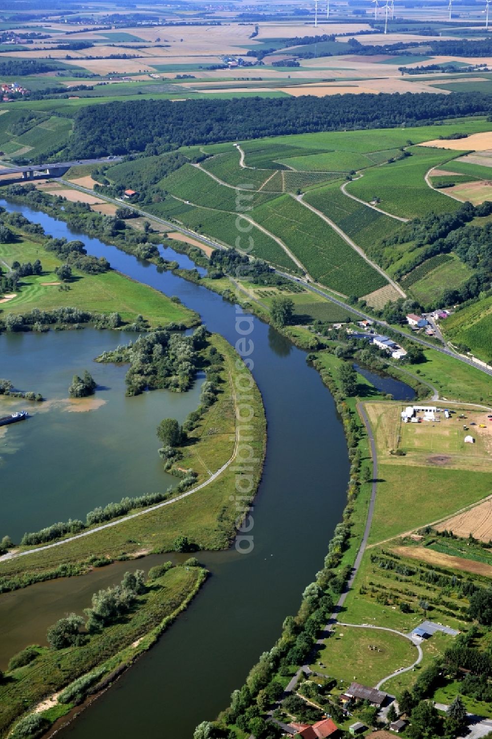 Dettelbach from above - View from east along the Main river with the district Mainsondheim of Dettelbach at the left riverside in the state Bavaria