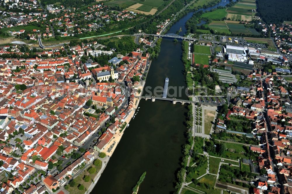 Kitzingen from above - View from south along the Main river with the North Bridge and Pipins Bridge, Old Main Bridge in Kitzingen in the state Bavaria