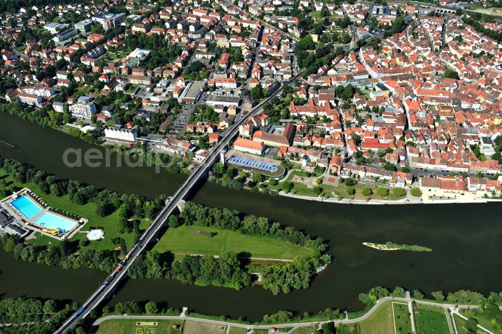 Aerial photograph Kitzingen - View from east along the Main river with the Konrad-Adenauer-Bridge and the open-air bath on the Mondsee Island in Kitzingen in the state Bavaria