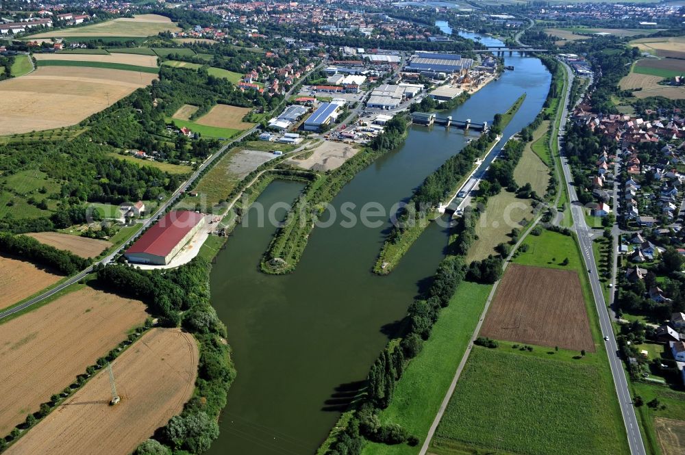 Kitzingen from above - View from southwest along the Main river with the lock Kitzingen and the South Bridge in the state Bavaria