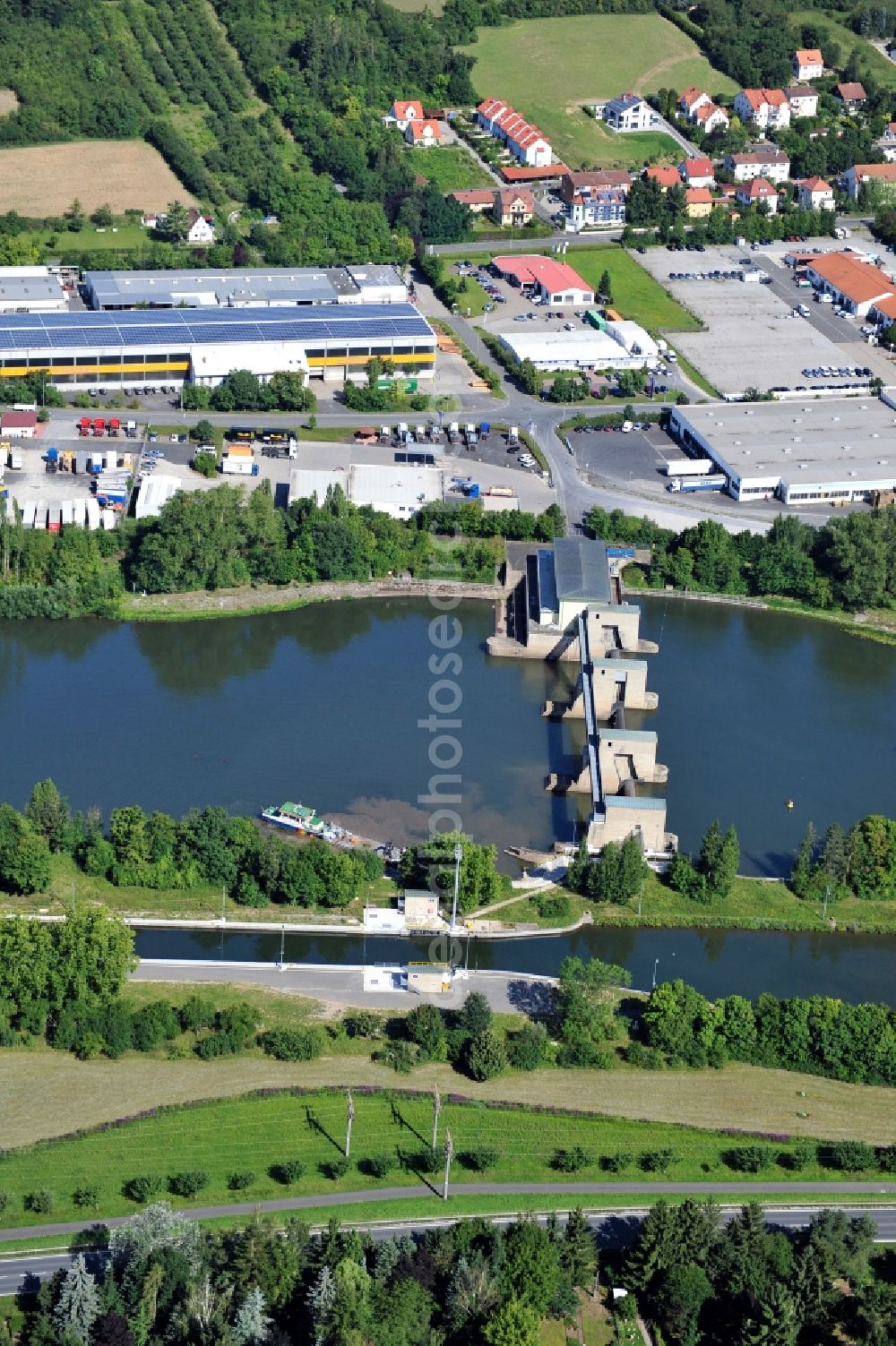 Aerial image Kitzingen - View from southeast along the Main river with the lock Kitzingen in the state Bavaria