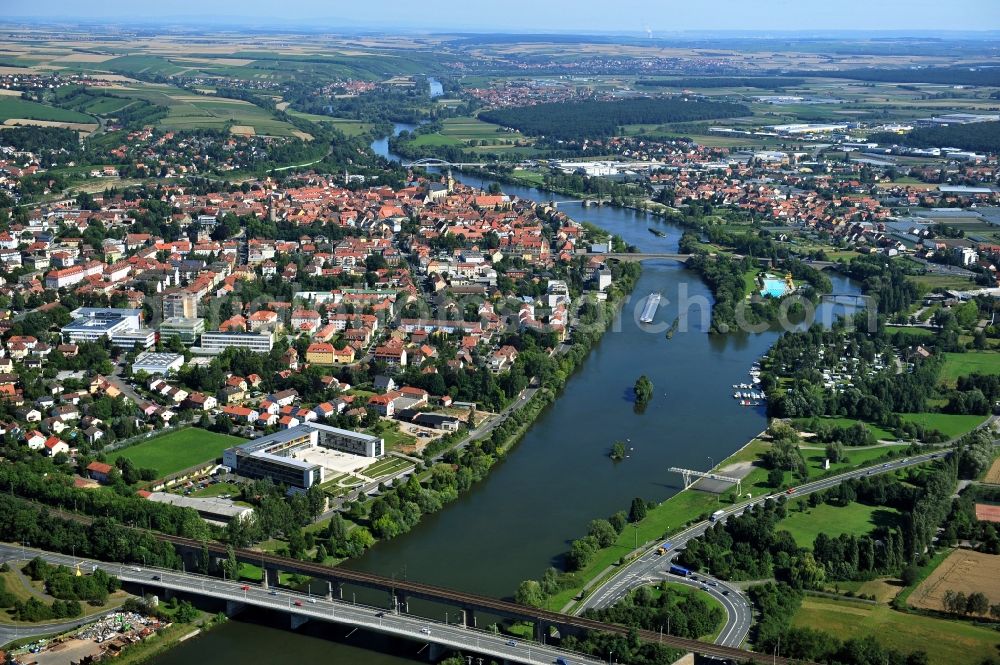 Aerial photograph Kitzingen - View from south along the Main river with the South Bridge, Konrad-Adenauer-Bridge and the open-air bath on the Mondsee Island, Pipins Bridge, Old Main Bridge and North Bridge in Kitzingen in the state Bavaria