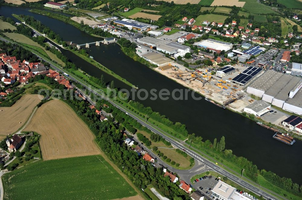 Kitzingen from above - View from east along the Main river with the lock Kitzingen in the state Bavaria