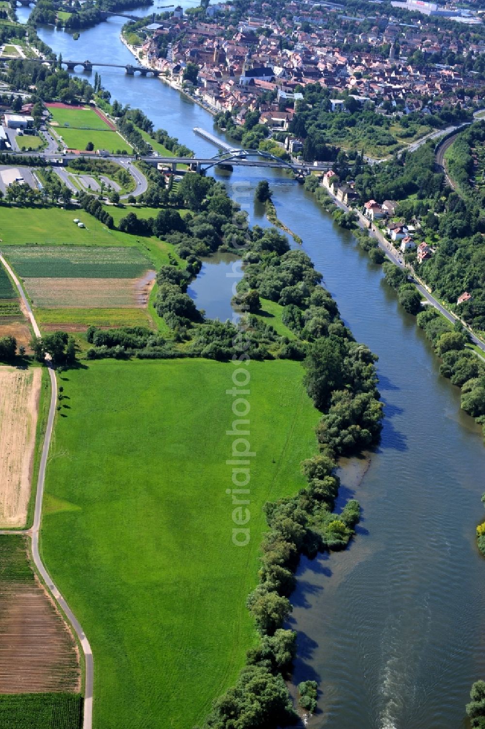 Kitzingen from above - View from north along the Main river with the North Bridge and Pipins Bridge, Old Main Bridge in Kitzingen in the state Bavaria