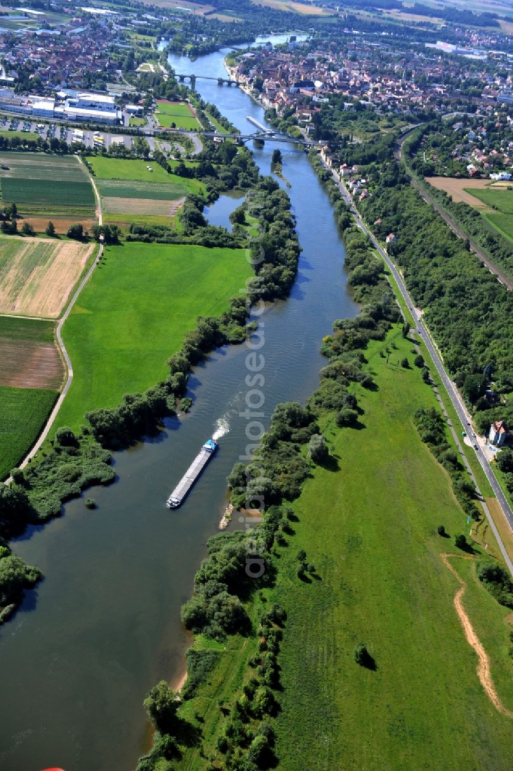 Aerial image Kitzingen - View from north along the Main river with the North Bridge and Pipins Bridge, Old Main Bridge in Kitzingen in the state Bavaria