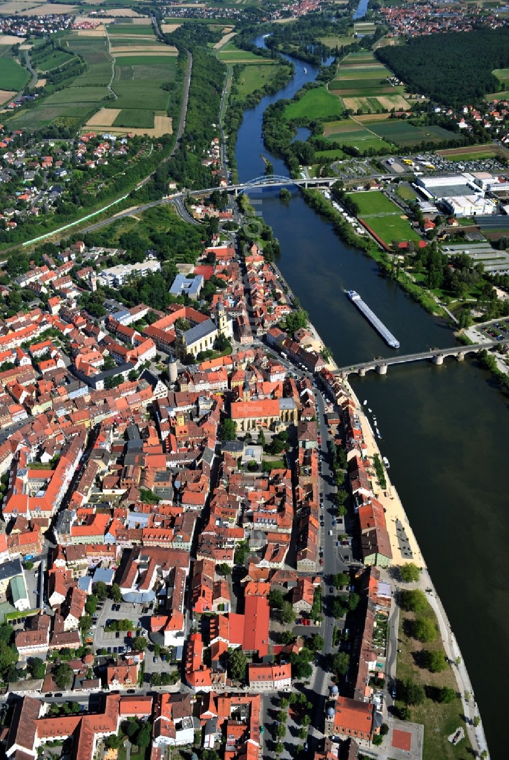 Kitzingen from above - View from south along the Main river with the North Bridge and Pipins Bridge, Old Main Bridge in Kitzingen in the state Bavaria