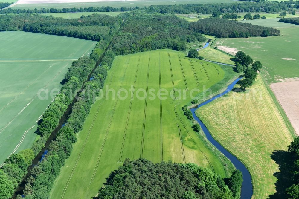 Aerial photograph Siggelkow - Riparian zones on the course of the river of Mueritz-Elde Wasserstrasse and dem Fluss Alte Elde in Siggelkow in the state Mecklenburg - Western Pomerania, Germany