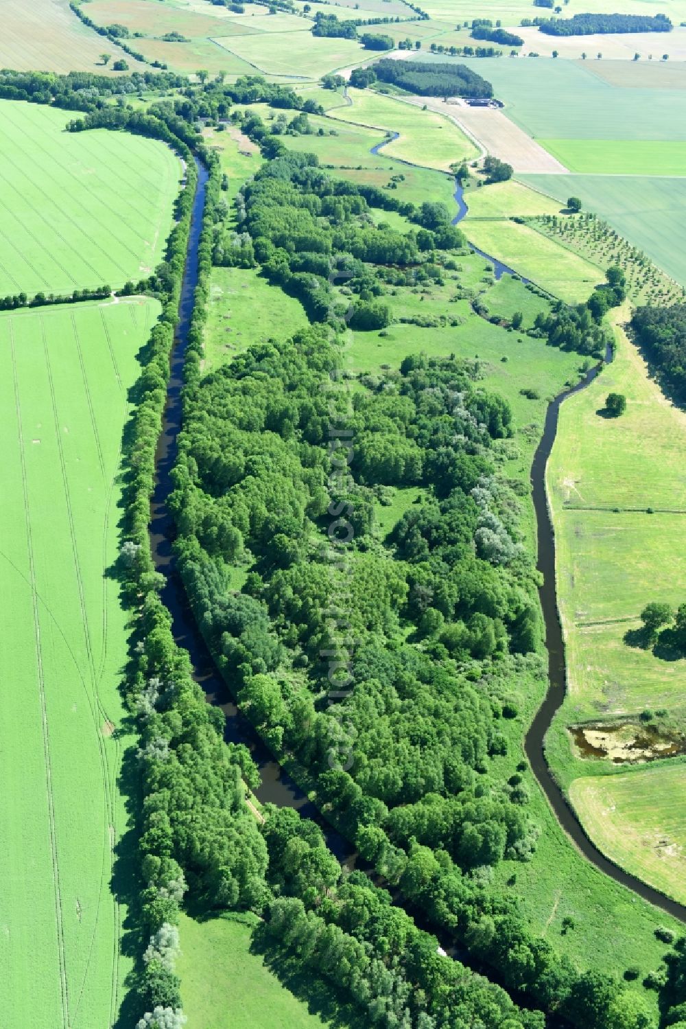 Siggelkow from above - Riparian zones on the course of the river of Mueritz-Elde Wasserstrasse and dem Fluss Alte Elde in Siggelkow in the state Mecklenburg - Western Pomerania, Germany