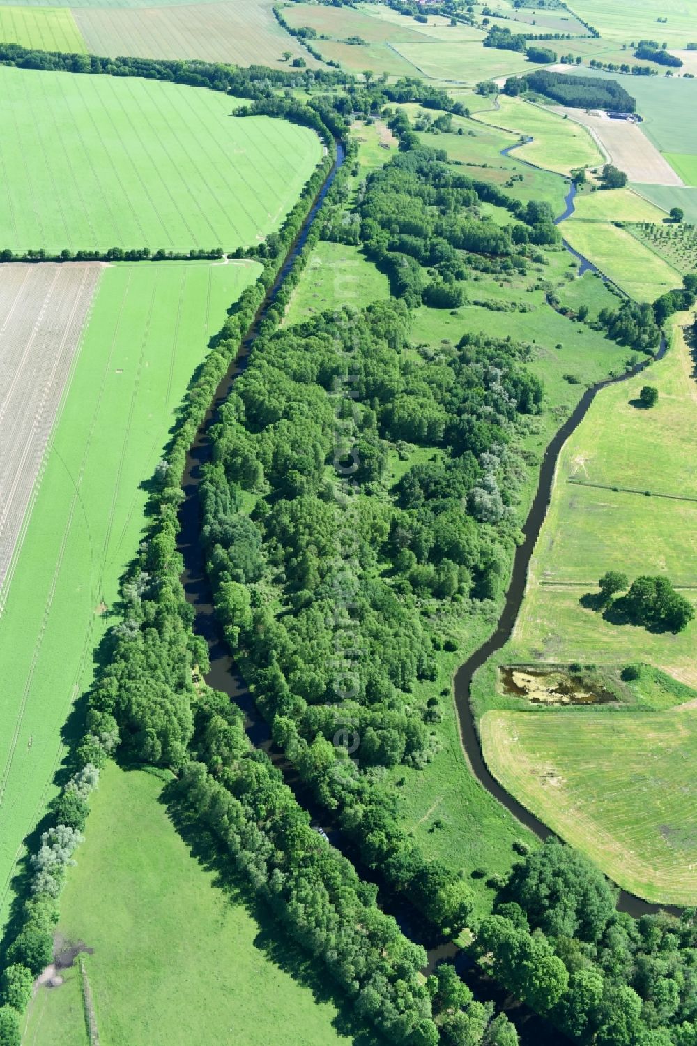 Siggelkow from the bird's eye view: Riparian zones on the course of the river of Mueritz-Elde Wasserstrasse and dem Fluss Alte Elde in Siggelkow in the state Mecklenburg - Western Pomerania, Germany