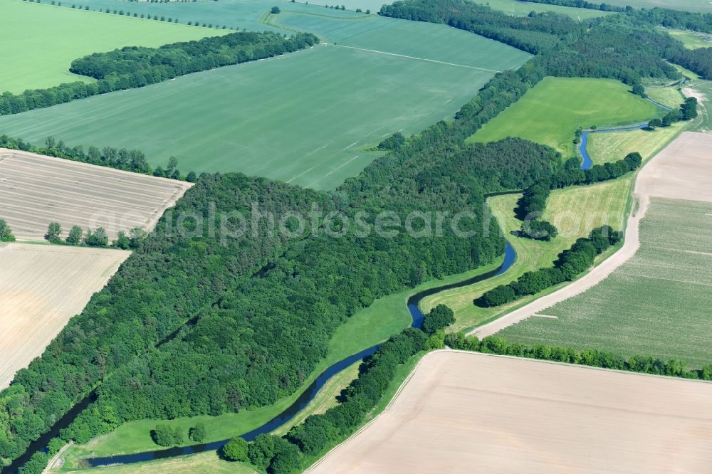 Aerial image Siggelkow - Riparian zones on the course of the river of Mueritz-Elde Wasserstrasse and dem Fluss Alte Elde in Siggelkow in the state Mecklenburg - Western Pomerania, Germany