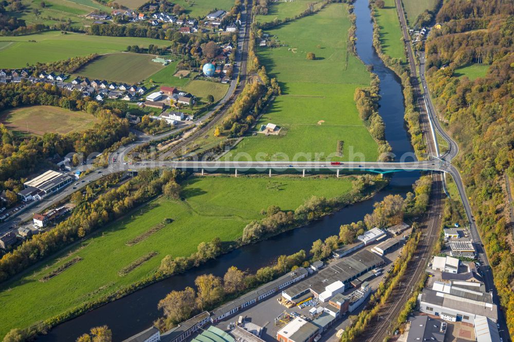 Aerial photograph Wetter (Ruhr) - Ruhr River at the Ruhrbruecke underneath Gederner street - federal road B226 in Wetter (Ruhr) in the state North Rhine-Westphalia