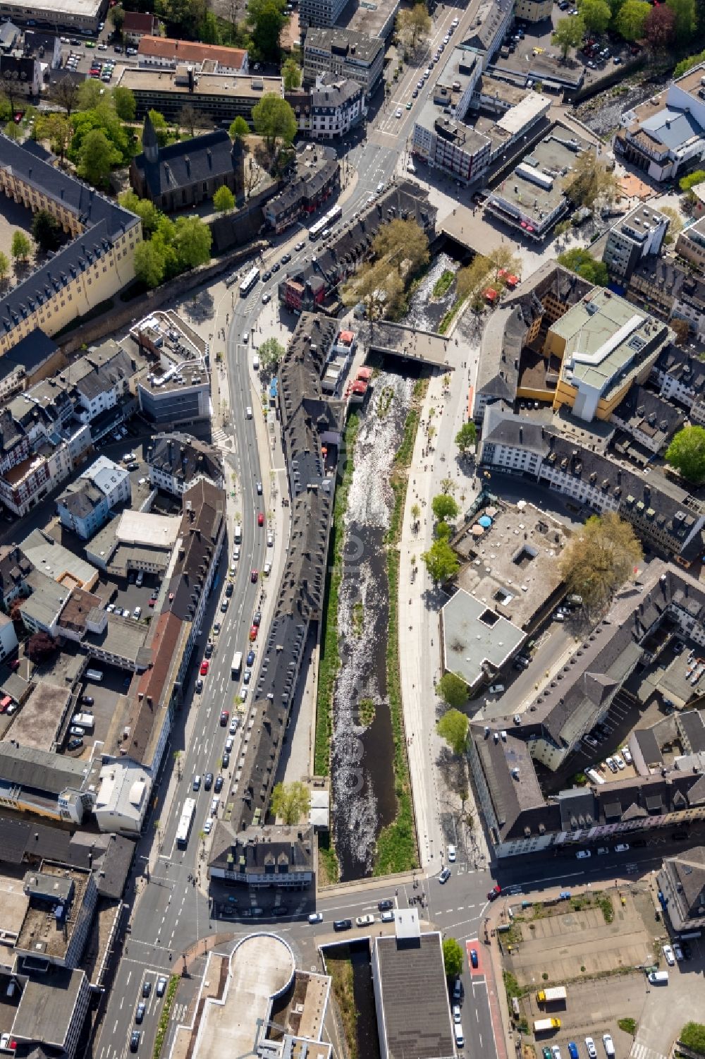 Siegen from above - Course of the river of Sieg along the Sandstrasse - Brueof-Busch-Strasse in Siegen in the state North Rhine-Westphalia, Germany