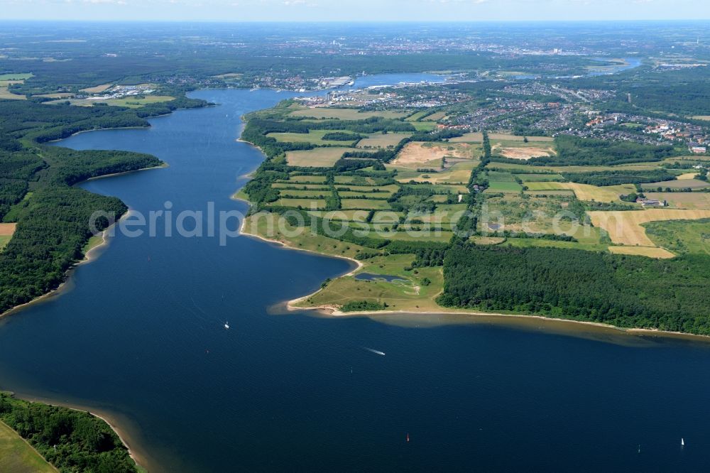 Lübeck from above - Curved loop on the course of the river Trave in Luebeck in the state Schleswig-Holstein