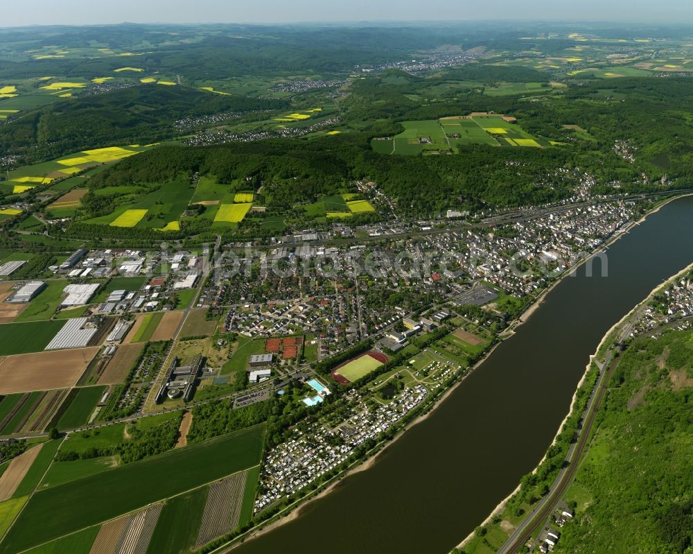 Remagen from above - Course of the river on the banks of the Rhine in Remagen in Rhineland-Palatinate