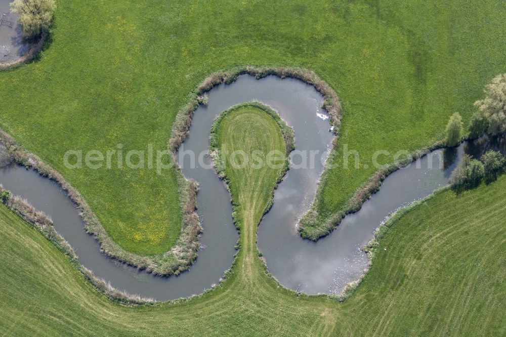 Aerial image Schalkham - Course of the river Vils near Rutting in Schalkham in the state of Bavaria. The river takes its course through green meadows and along some trees