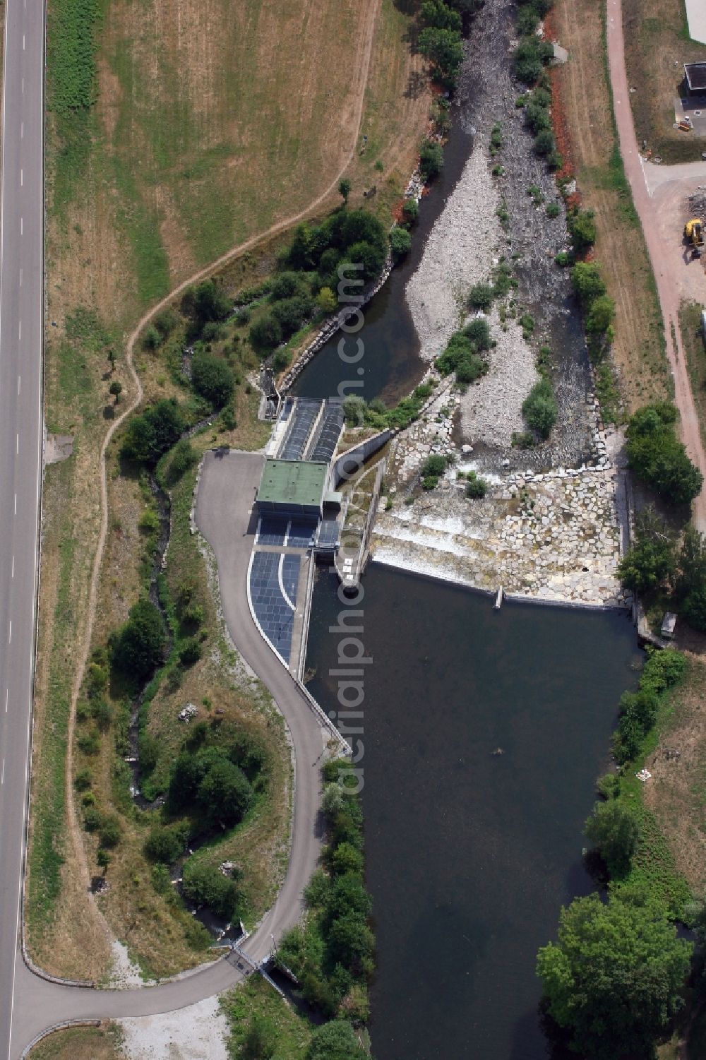 Hausen im Wiesental from the bird's eye view: Structure and dams of the hydroelectric power plant of Energiedienst at the river Wiese in Hausen im Wiesental in the state Baden-Wurttemberg, Germany