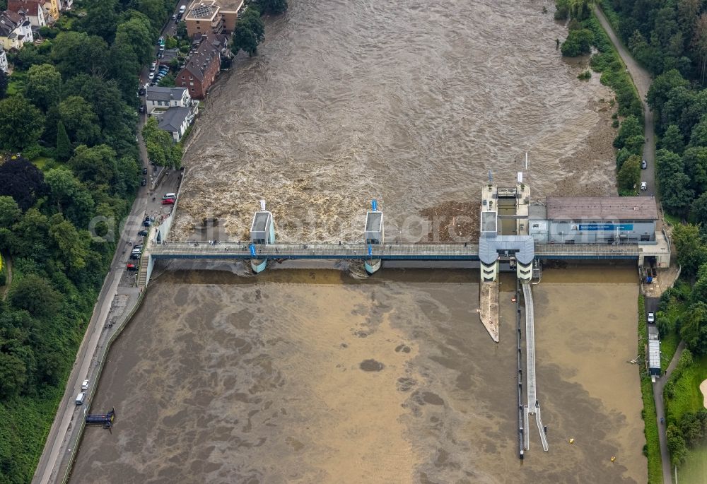 Essen from above - Flooded water on Weir on the banks of the flux flow Baldeneysee Stauwehr in the district Werden in Essen in the state North Rhine-Westphalia, Germany