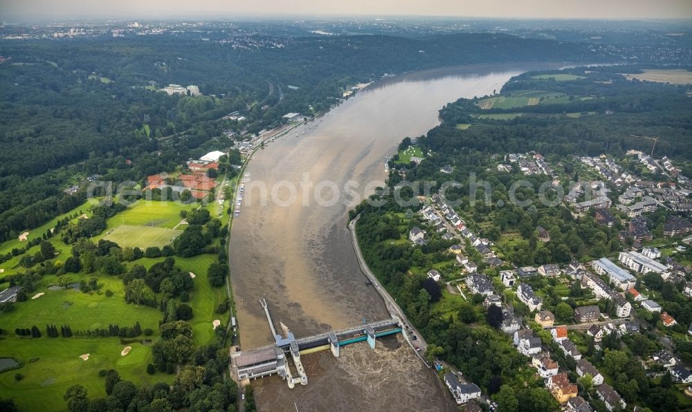 Aerial image Essen - Flooded water on Weir on the banks of the flux flow Baldeneysee Stauwehr in the district Werden in Essen in the state North Rhine-Westphalia, Germany