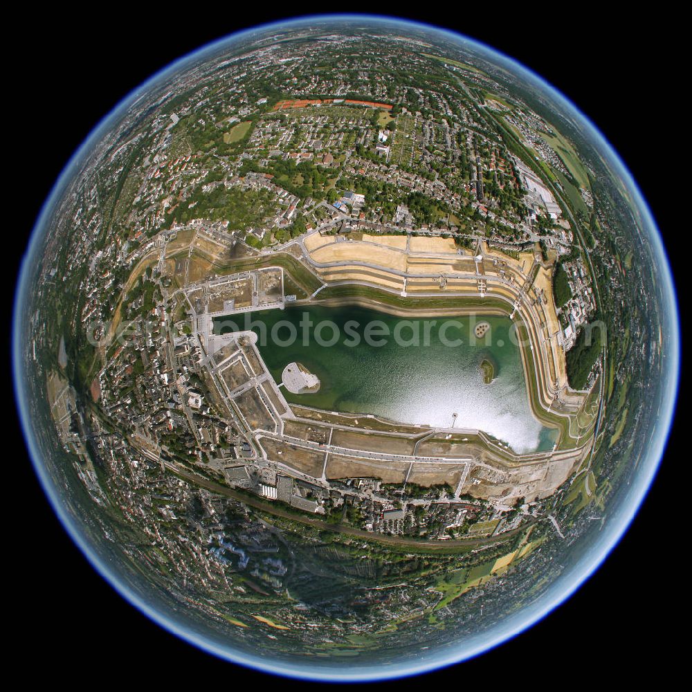 Dortmund Hörde from the bird's eye view: Fish-Eye Aufnahme der Flutung der Phoenix-Sees im Stadtteil Hörde mit Fischaugenobjektiv. Auf dem ehemaligen Gelände der Hermannshütte soll ein 24 Hektar großer See mit einer Länge von 1.230 Metern und einer Breite von 310 Metern entstehen. The flooding of Lake Phoenix with fish-eye lens. On the former site of the ironworks Hermannhutte, a 24 hectares large lake will be formed.