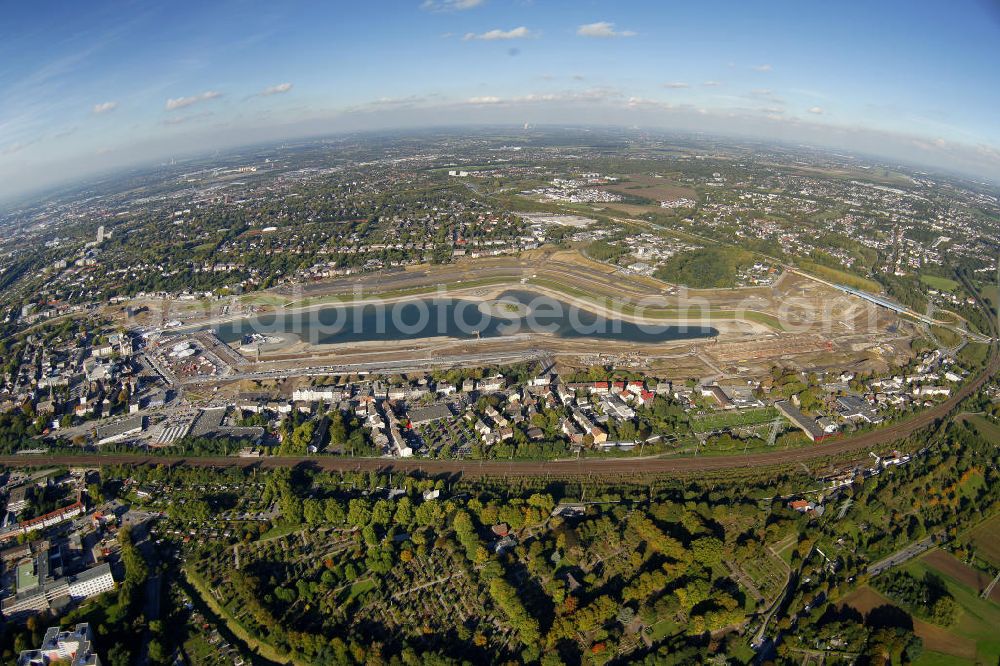 Dortmund from the bird's eye view: Aufnahme der Flutung der Phoenix-Sees im Stadtteil Hörde mit Fischaugenobjektiv. Auf dem ehemaligen Gelände der Hermannshütte soll ein 24 Hektar großer See mit einer Länge von 1.230 Metern und einer Breite von 310 Metern entstehen. The flooding of Lake Phoenix with fish-eye lens. On the former site of the ironworks Hermannhutte, a 24 hectares large lake will be formed.