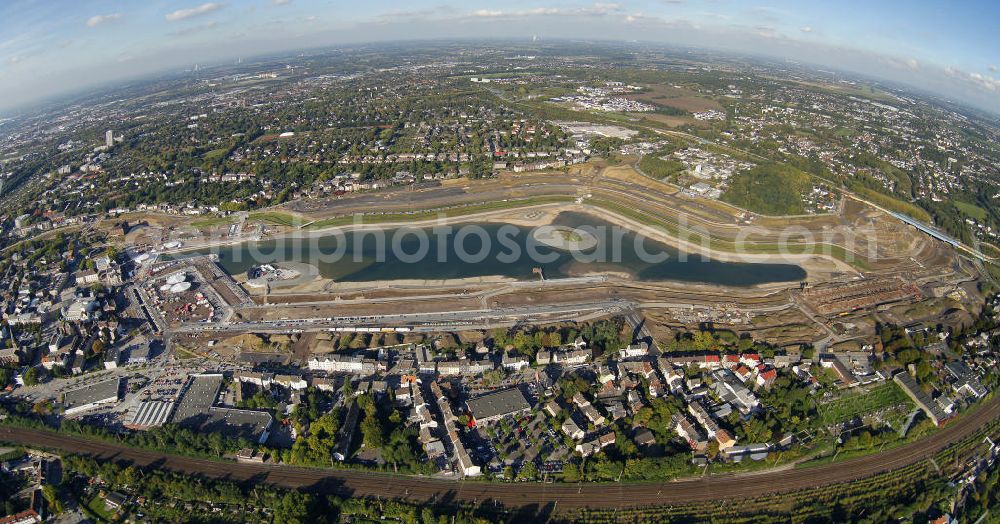 Aerial image Dortmund - Aufnahme der Flutung der Phoenix-Sees im Stadtteil Hörde mit Fischaugenobjektiv. Auf dem ehemaligen Gelände der Hermannshütte soll ein 24 Hektar großer See mit einer Länge von 1.230 Metern und einer Breite von 310 Metern entstehen. The flooding of Lake Phoenix with fish-eye lens. On the former site of the ironworks Hermannhutte, a 24 hectares large lake will be formed.