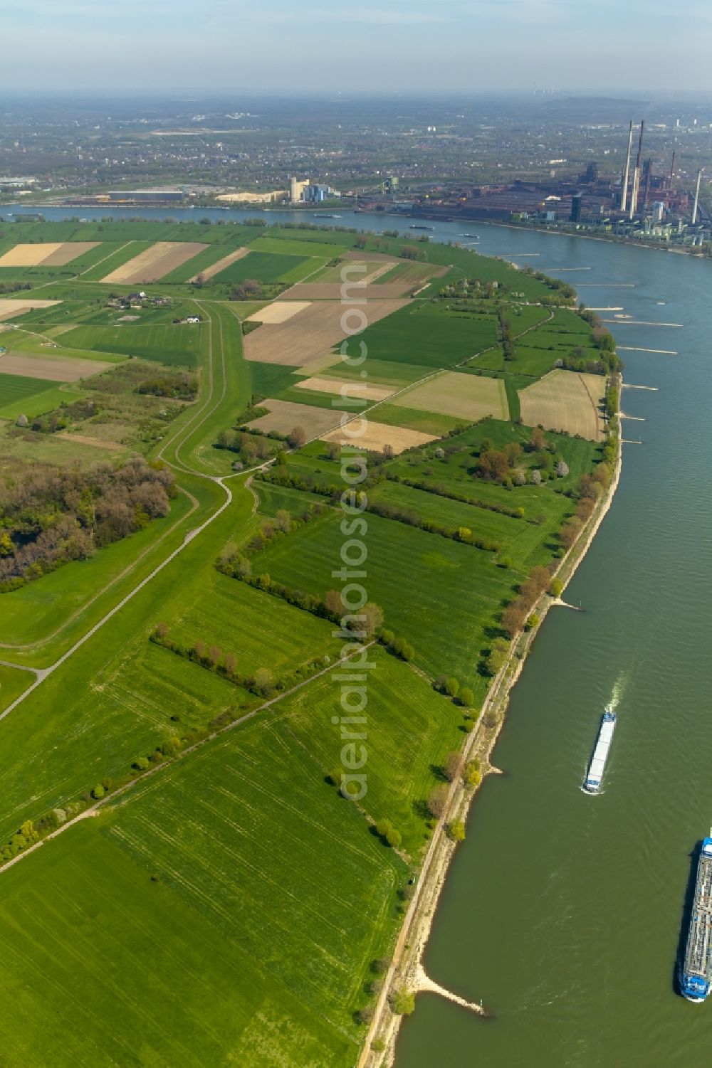 Duisburg, Baerl from above - Meadow scenery on the shore of the Rhine with Baerl in Duisburg in the federal state North Rhine-Westphalia