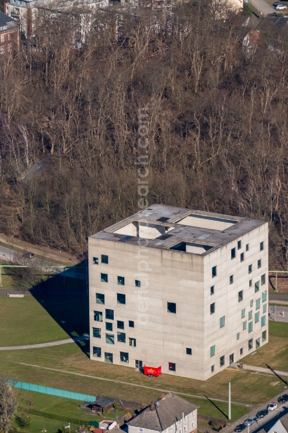 Aerial image Essen - University- area of Folkwang Universitaet of Kuenste on Gelsenkirchener Strasse in Essen in the state North Rhine-Westphalia, Germany