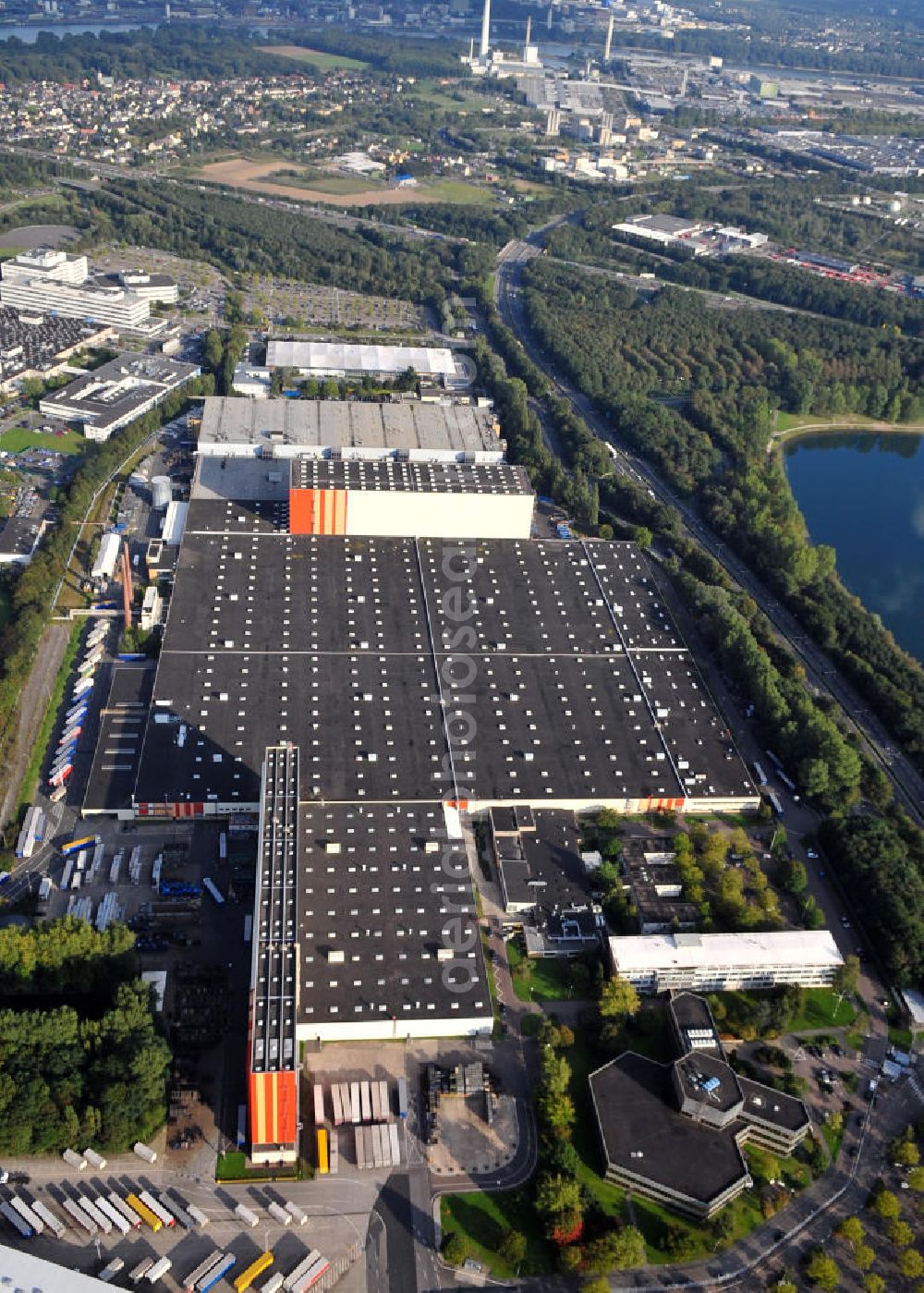 Köln from above - Development Centre and european part distribution centre of the Ford company in Cologne-Merkenich at the Rhine river in North Rhine-Westphalia NRW