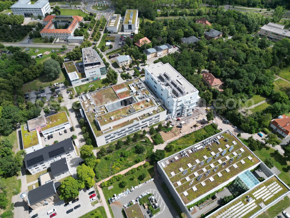 Halle (Saale) from the bird's eye view: Research building and office complex Competence Center for mRNA Drugs at the Weinberg Campus on Heinrich-Damerow-Strasse - Erich-Neuss-Weg in Halle (Saale) in the state of Saxony-Anhalt, Germany