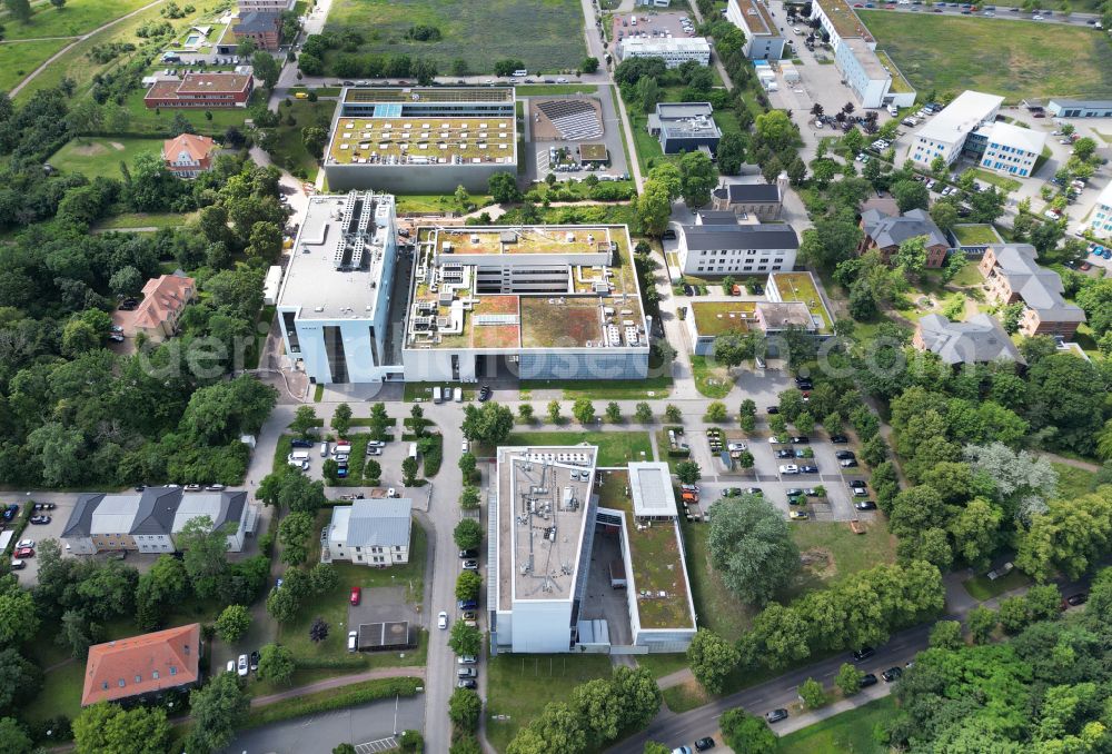 Aerial photograph Halle (Saale) - Research building and office complex Competence Center for mRNA Drugs at the Weinberg Campus on Heinrich-Damerow-Strasse - Erich-Neuss-Weg in Halle (Saale) in the state of Saxony-Anhalt, Germany