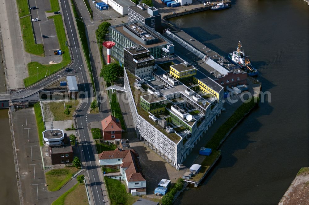 Aerial image Bremerhaven - Research building and office complex Alfred-Wegener-Institut, Helmholtz-Zentrum fuer Polar- and Meeresforschung (AWI) on street Am Handelshafen in the district Geestemuende-Nord in Bremerhaven in the state Bremen, Germany