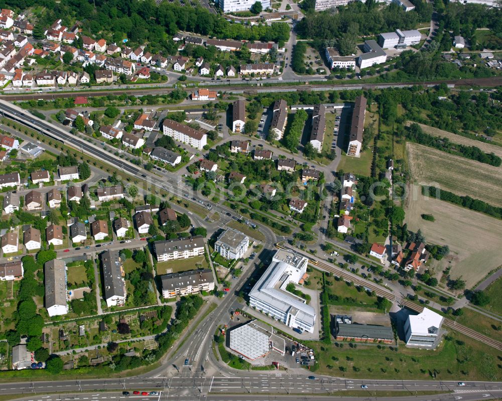 Aerial image Karlsruhe - Research building and office complex DVGW-Technologiezentrum Wasser on street Karlsruher Strasse in the district Hagsfeld in Karlsruhe in the state Baden-Wuerttemberg, Germany