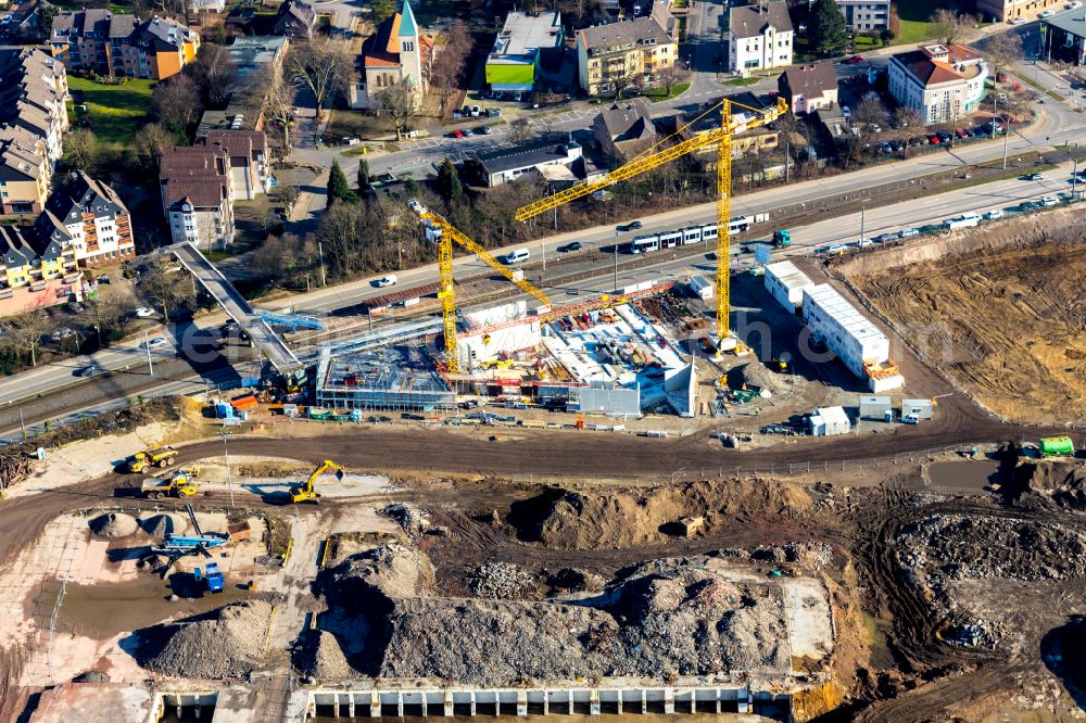 Bochum from the bird's eye view: Construction site of research building and office complex Zentrum fuer das Engineering Smarter Produkt-Service Systeme (ZESS) in the district Laer in Bochum at Ruhrgebiet in the state North Rhine-Westphalia, Germany