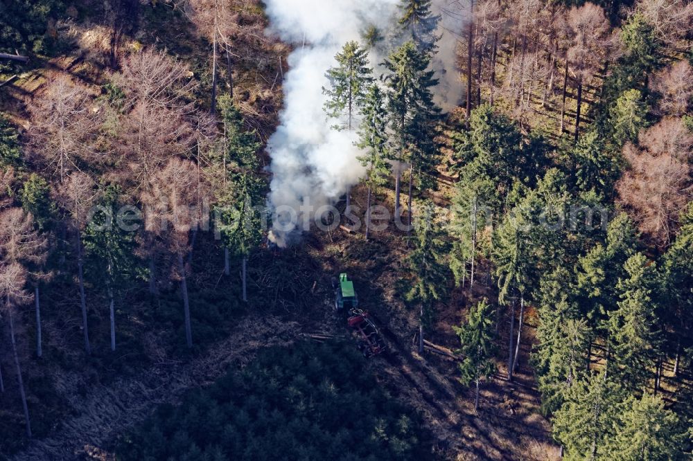 Berg from above - Smoke clouds in a wooded area near Berg in the state Bavaria, Germany