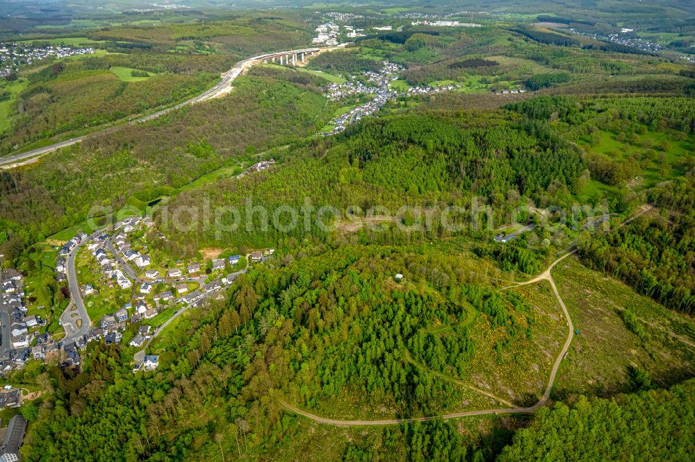 Eisern from above - Forest areas in in Eisern at Siegerland in the state North Rhine-Westphalia, Germany