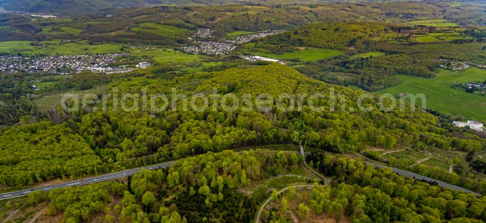 Burbach from above - Forestry areas in a forest area Grosser Stein on the road B54 in Burbach in the federal state of North Rhine-Westphalia, Germany